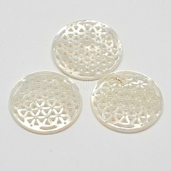 天然マザーオブパールシェルペンダント  花付きフラットラウンド  ホワイト  29x2.5mm  穴：1mm&nbsp;SSHEL-L002-18