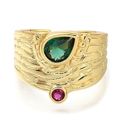 Rack Plating Brass Micro Pave Cubic Zirconia and Glass Open Cuff Rings for Women&nbsp;RJEW-M022-02G