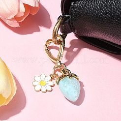 アクリル製イチゴペンダント装飾  合金エナメルの花とハートの回転スナップフック留め金チャーム  淡いターコイズ  70mm&nbsp;HJEW-SW00120-05