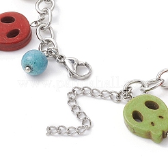 Halloween Dyed Synthetic Turquoise Skull Pendant Brass Cable Chains Bracelets&nbsp;BJEW-TA00471
