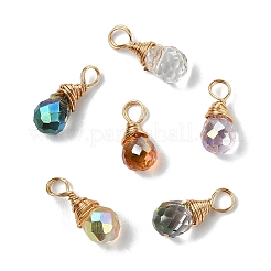 10個のガラスペンダント  ティアドロップ  ライトゴールド銅線付き  多面カット  クリアAB  14mm  穴：3mm&nbsp;PALLOY-YW00130-01