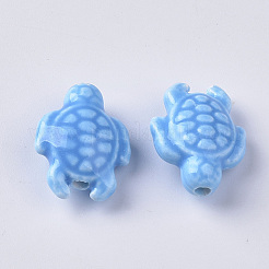 手作りの陶器ビーズ  光沢釉の磁器のスタイル  カメ  ドジャーブルー  19x15x8.5mm  穴：2mm&nbsp;PORC-T005-001H
