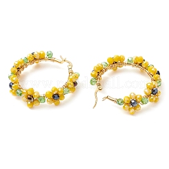 ガラスの花のフープピアス  真鍮のイヤリングの指付き  ゴールドカラー  きいろ  39x12x41mm&nbsp;EJEW-TA00587