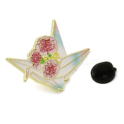 女性用衣類用折り鶴と花の合金エナメルピンバック  ゴールドカラー  ピンク  27x31.5mm&nbsp;JEWB-F043-02D