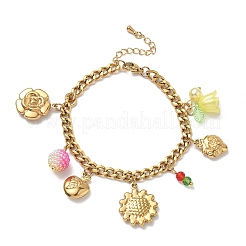 304ステンレススチールアクリルチャームブレスレット  女性用カーブチェーンブレスレット  イチゴと花とリンゴ  ゴールドカラー  6-3/4インチ（17.3cm）&nbsp;BJEW-G761-02G