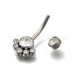 304ステンレススチール製クリアキュービックジルコニアカーブバーベルへそリング  ステンレス鋼色  花  24mm  ピン：1.6mm  ヘッド：4.5x5mm&nbsp;AJEW-D306-03P-02