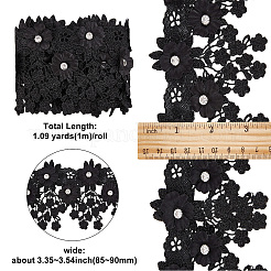 ポリエステルレーストリム  クリスタルラインストーン付き  フローラル  ブラック  3-3/8インチ（85~90mm）  約1.09ヤード（1m）/ロール&nbsp;OCOR-WH0068-84B