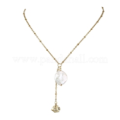 Summer Natural Baroque Keshi Pearl & 304 Stainless Steel Sea Animal Pendant Satellite Chain Y Lariat Necklaces&nbsp;NJEW-JN06049-04