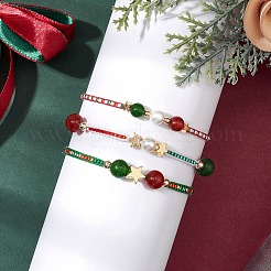 3Pcs 3 Styles Christmas 8mm Round Dyed Natural Malaysia Jade & Natural Carnelian & Glass Seed Beads Braided Bead Bracelets&nbsp;BJEW-MZ00070