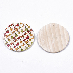 フルーツセリスプリントウッドペンダント  フルーツラウンドのフラットラウンド  貝殻色  30x5mm  穴：1.6mm&nbsp;WOOD-S045-103B-07