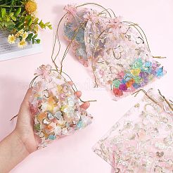 ゴールドスタンプハートオーガンジーギフトバッグ100個  結婚披露宴のクリスマス キャンデー袋のためのアクセサリー類のギフトの網の巾着袋  結婚式の好意バッグ  長方形  桃パフ  18x13cm&nbsp;OP-PH0001-37B