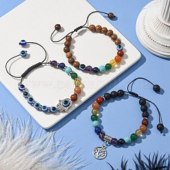 3Pcs 3 Styles Chakra Gemstone & Wood Evil Eye Braided Beaded Bracelet Sets&nbsp;BJEW-JB10905