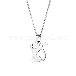 猫の形をしたステンレススチールのペンダントネックレス  女性用アズキチェーンネックレス  ステンレス鋼色  17.72インチ（45cm）&nbsp;PW-WGC1D7E-01