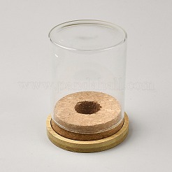 竹製の台座と木製の栓が付いた、柱状のガラス製水耕栽培用植物ボトル  透明  96.5x125mm&nbsp;AJEW-JOY0011-02B