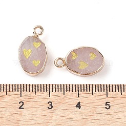 天然石ローズクォーツペンダント  ハート付きの金メッキ真鍮楕円形チャーム  17.5x10.5x5mm  穴：1.6mm&nbsp;G-C102-08D-G