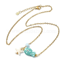 Ocean Synthetic Turquois Starfish & Handmade Porcelain Fish Pendant 304 Stainless Steel Cable Chain Necklaces&nbsp;NJEW-JN06139