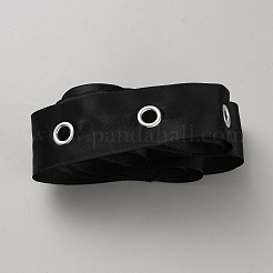 アイレットリング付きポリエステルサテンヘリンボーンリボン  衣類用アクセサリー  ブラック  1インチ（26mm）&nbsp;OCOR-WH0097-77C-01