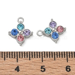 304ステンレススチール、ラインストーンペンダント付き  花のチャーム  ステンレス鋼色  12.5x10x3mm  穴：1.5mm&nbsp;SA-CBA49D2-08P-02