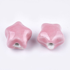 手作りの陶器ビーズ  光沢釉の磁器  スター  ピンク  15~16x15.5~17x12~12.5mm  穴：2~2.5mm&nbsp;X-PORC-S498-49