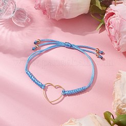 ゴールデントーン 201 ステンレススチール ハートリンクブレスレット  女性用調節可能なポリエステル編みコードブレスレット  ディープスカイブルー  内径：1-5/8~2-5/8インチ（4~6.8cm）&nbsp;BJEW-JB10643-02
