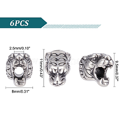 304ステンレススチールビーズ  虎ヘッド  アンティークシルバー  11x8x9.5mm  穴：2.5mm  6個/箱&nbsp;STAS-UN0006-63AS
