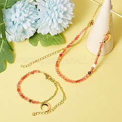 真鍮チャームブレスレット＆ペンダントネックレスセット  染色された天然瑪瑙ビーズと304ステンレススチールのロブスタークロウ留め金付き  ムーン  ゴールドカラー  トマト  7-7/8インチ（20cm）  15.75インチ（40cm）&nbsp;SJEW-SZ0001-009G