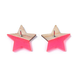 透明樹脂＆ウッドスタッドピアス  304ステンレスピン付き  スター  濃いピンク  17x18mm  ピン：0.7mm&nbsp;EJEW-N017-001A-D06