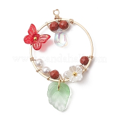 Faceted Round Natural Mixed Stone & Glass Butterfly & Plastic Flower Pendants&nbsp;PALLOY-JF05043