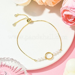 Round Shell Pearl & Brass Ring Box Chain Slider Bracelets for Women&nbsp;BJEW-JB10746