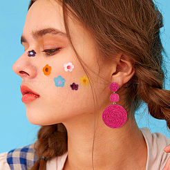 3ペア 3色 ラフィアグラス フラットラウンドダングルスタッドピアス  女性用合金ロングドロップイヤリング  ミックスカラー  72mm  ピン：0.6mm  1ペア/カラー&nbsp;EJEW-AN0002-44