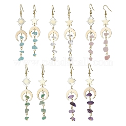 ムーン＆サン＆スター ブラス アシンメトリー イヤリング  天然混合宝石チップタッセルイヤリング  76~85x18mm&nbsp;EJEW-JE05461