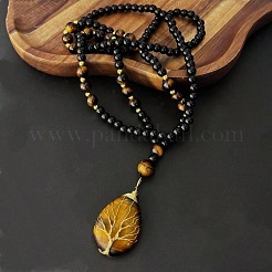 Natural Tiger Eye Copper Wire Wrapped Tree of Life Teardrop Pendant Black Round Beaded Necklaces for Men&nbsp;EF1555