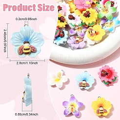 40本4スタイルレジンペンダント  昆虫と花  鉄パーツ  ミックスカラー  28~32x23.5~27.5x6.5~9mm  穴：2mm  10個/スタイル&nbsp;RESI-YW0006-17