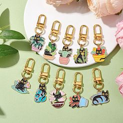 10個 10スタイルの植物と猫の合金エナメルペンダント装飾  バッグ飾り用の回転留め具チャーム  ミックスカラー  55~66mm  1個/スタイル&nbsp;HJEW-JM01944