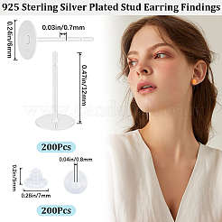 304ステンレススチールスタッドピアス金具200個  フラットラウンド  200個のプラスチック製イヤーナット  銀  5~6x0.3~7mm  穴：0.8mm  ピン：0.7mm&nbsp;STAS-BBC0004-85C