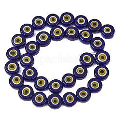 手作りのナザールボンジュウのランプワークビーズ  フラットラウンド  ミッドナイトブルー  11.5~12.5x5.5~5.8mm  穴：1.4mm  約32個/連  14.17インチ（36cm）&nbsp;LAMP-C028-02F