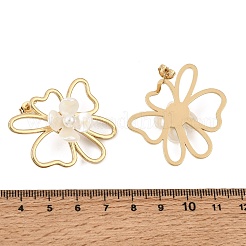 304ステンレススチールスタッドピアス  花  女性用プラスチックパールと樹脂のスタッドピアス  イオンプレーティング（ip）  ゴールドカラー  34x36mm&nbsp;SA-CBAF6AD-17G