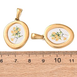 304ステンレスペンダント  オーバル フラワーチャーム付き  ゴールドカラー  24.5x19x2mm  穴：3x6.5mm&nbsp;STAS-D267-02C-G