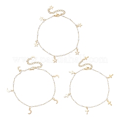 3Pcs 3 Styles Round ABS Imitation Pearl Beads & 304 Stainless Steel Link Chain Moon Star Cross Tassel Anklets for Women&nbsp;AJEW-AN00738