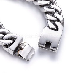 変色しにくい304ステンレススチールカーブチェーンブレスレット  ボックス留め金付き  滑らかな表面と多面的  ステンレス鋼色  9-1/2インチ（24cm）  19x7.5mm&nbsp;BJEW-E346-07B-P