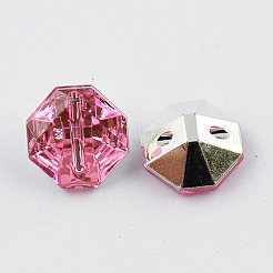 2つ穴台湾アクリルラインストーンオクタゴンボタン  ファセット＆シルバーメッキ  ピンク  12.5x13x7mm  穴：1mm&nbsp;BUTT-F016-13mm-26