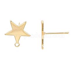 真鍮製スタッドピアスパーツ  ループと平板付き  スター  ニッケルフリー  18KGP本金メッキ  14x13mm  穴：1mm  ピン：0.6mm&nbsp;KK-S345-201