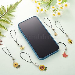 合金エナメル携帯ストラップ  ナイロンコード付き  ハニカム＆サクラ＆ヒマワリ  混合模様  10~11.3cm  ペンダント：13.5~23x17~18x1.5~3mm  16個/セット&nbsp;HJEW-SW00026-02
