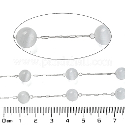 304ステンレススチールとガラスのキャットアイリンクチェーン  ハンダ付け  スプールで  ラウンド  ホワイト  13x7.5mm&nbsp;CHS-G038-08P-05