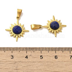 天然ラピスラズリのファセット加工太陽ペンダント  ゴールドトーンの304ステンレススチールチャーム  19x17x4mm  穴：6x3mm&nbsp;STAS-P361-02G-01