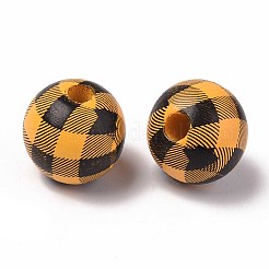 天然木大穴ビーズ  チェック柄ビーズ  素朴な農家の木製ビーズ  ラウンド  ミックスカラー  16x15mm  穴：4mm&nbsp;X-WOOD-S057-025