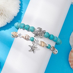 2Pcs 2 Style Synthetic Turquoise & Glass & Shell Stretch Bracelets with Tortoise&nbsp;BJEW-JB10091-02