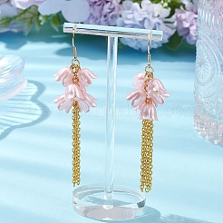 アクリルダングルピアス  ガラスビーズと鉄のアズキチェーン付き  花  ピンク  90x25mm&nbsp;EJEW-JE06228-02