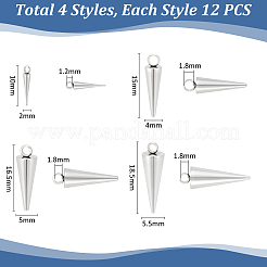 48個 4スタイル 201ステンレススチールペンダント  コーンチャーム  ステンレス鋼色  10~18.5x2~5.5mm  穴：1.2~1.8mm  12個/スタイル&nbsp;STAS-UN0063-32