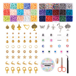 DIY プレッピー ブレスレット メイキング キット  ポリマークレイディスク、アクリルレター、プラスチックスター、天然シェルビーズを含む  ハート＆リーフ＆エンジェル＆フラミンゴ合金ペンダント  ピンセット  はさみ  ミックスカラー&nbsp;DIY-TA0008-97